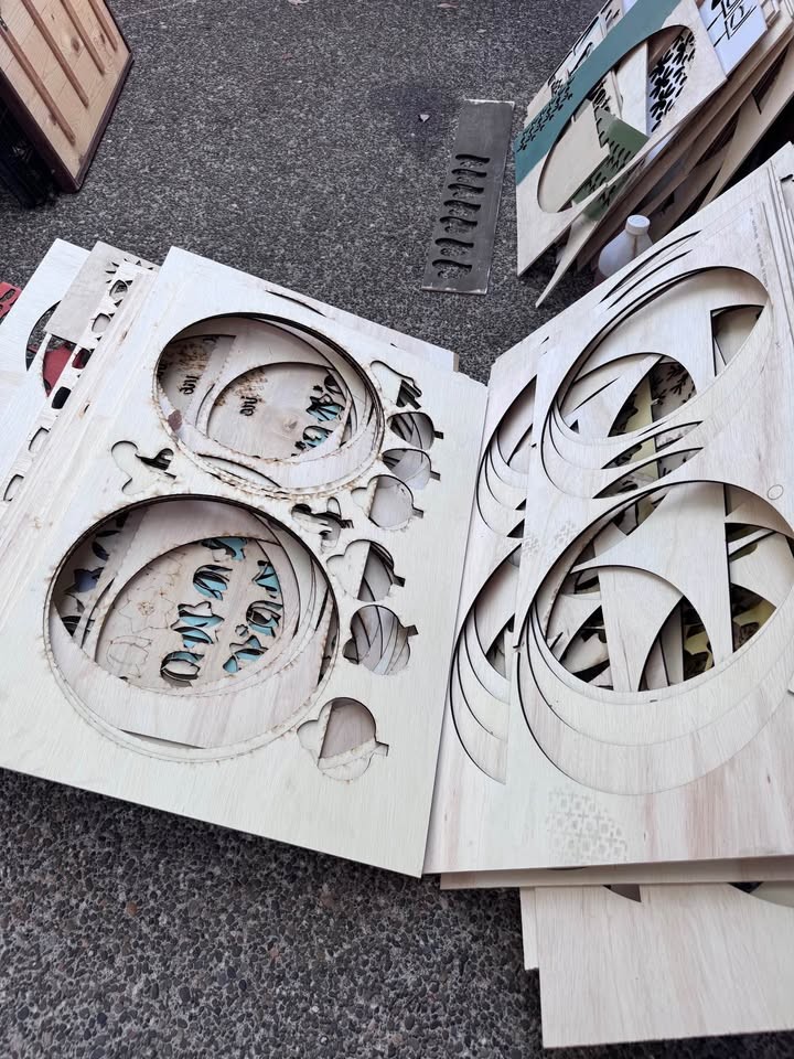 Bulk Laser Cut Plywood Scrap Sheets, 1/4 “ plywood, some raw some painted.  And I think oak panels. - Image 2