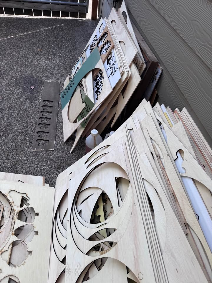 Bulk Laser Cut Plywood Scrap Sheets, 1/4 “ plywood, some raw some painted.  And I think oak panels. - Image 4
