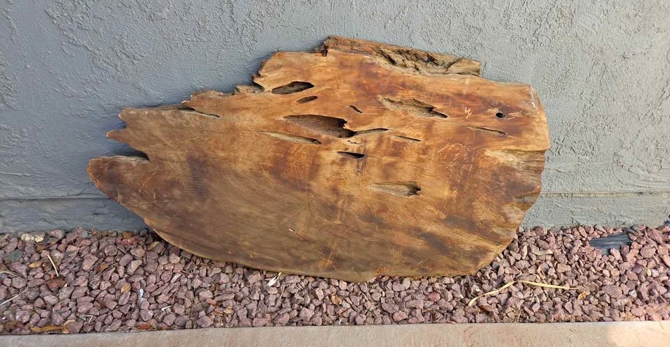Unique, organic live-edge wood slab with natural holes and a rich grain pattern