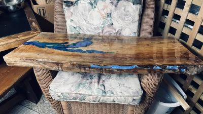 Live Edge Wood and Blue Epoxy Resin Slab