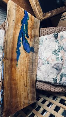 Live Edge Wood and Blue Epoxy Resin Slab