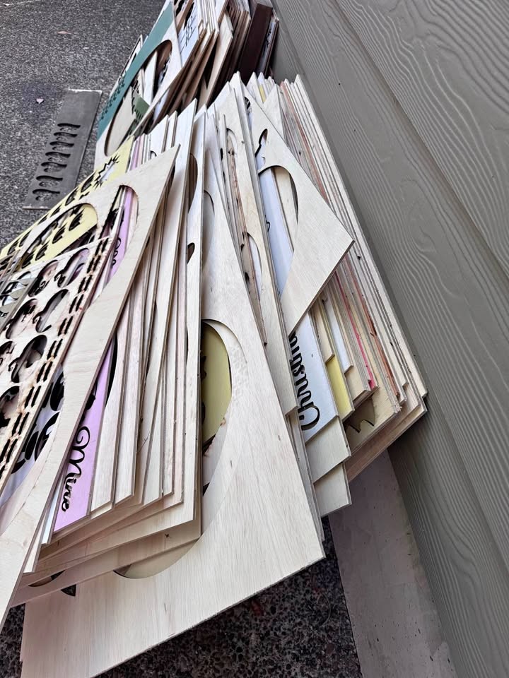 Bulk Laser Cut Plywood Scrap Sheets, 1/4 “ plywood, some raw some painted.  And I think oak panels. - Image 1