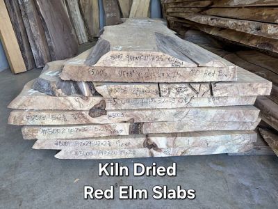 Kiln Dried Red Elm Slabs featuring a Bold Grain, with Rich Honey-Amber and Reddish-Brown deep tones!