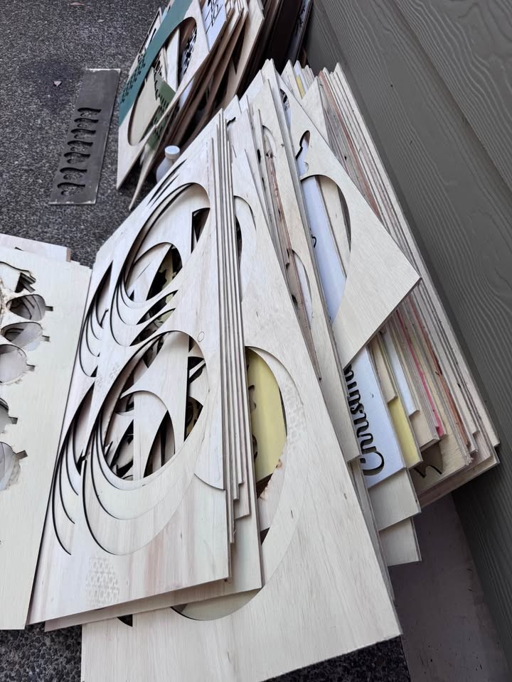 Bulk Laser Cut Plywood Scrap Sheets, 1/4 “ plywood, some raw some painted.  And I think oak panels. - Image 3