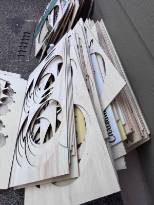Bulk Laser Cut Plywood Scrap Sheets, 1/4 “ plywood, some raw some painted.  And I think oak panels.