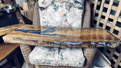Live Edge Wood and Blue Epoxy Resin Slab